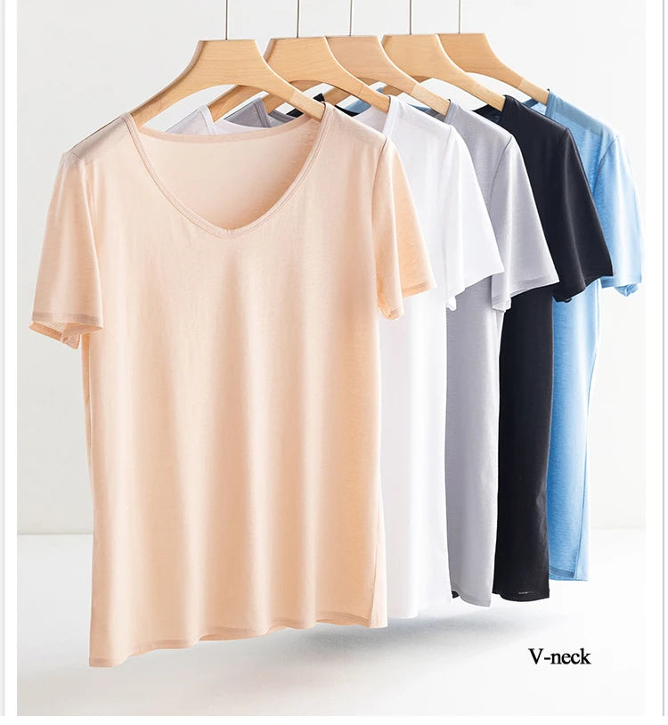 Eesswel Women's V-Neck Silk-Blend T-Shirt | Soft Breathable Summer Tee | Casual Short Sleeve Solid Top – Multiple Colors