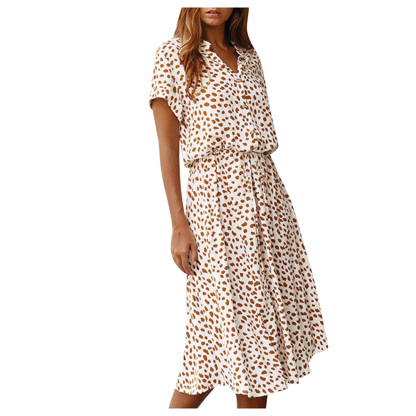 Women's Polka Dot Midi Dress – Slim Fit A-Line Casual Summer Dress with Drawstring Waist