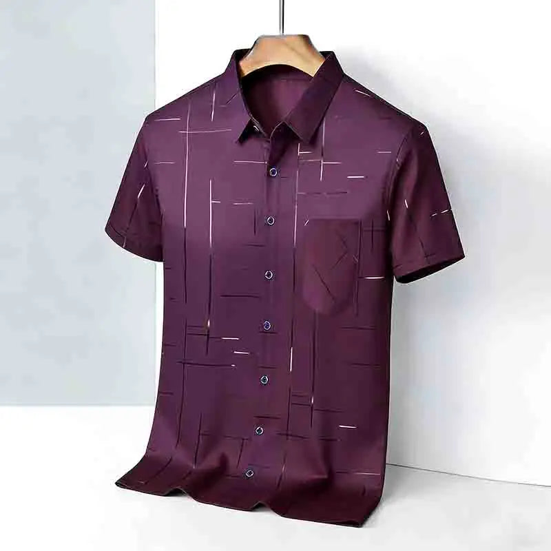 Men's 2026 Geometric Line Print Shirt Short Sleeve with Chest Pocket | 100% Cotton Button-Up Business Casual Daily Office Fashion Top.