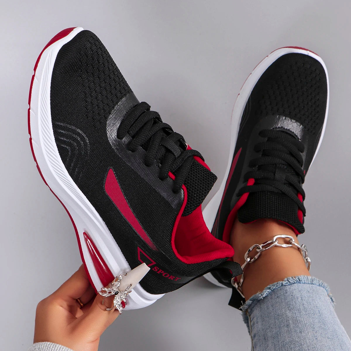 Women's Air Cushion Lace-Up Sneakers – Breathable Mesh Color-Block Running Style Shoes with Rubber Sole