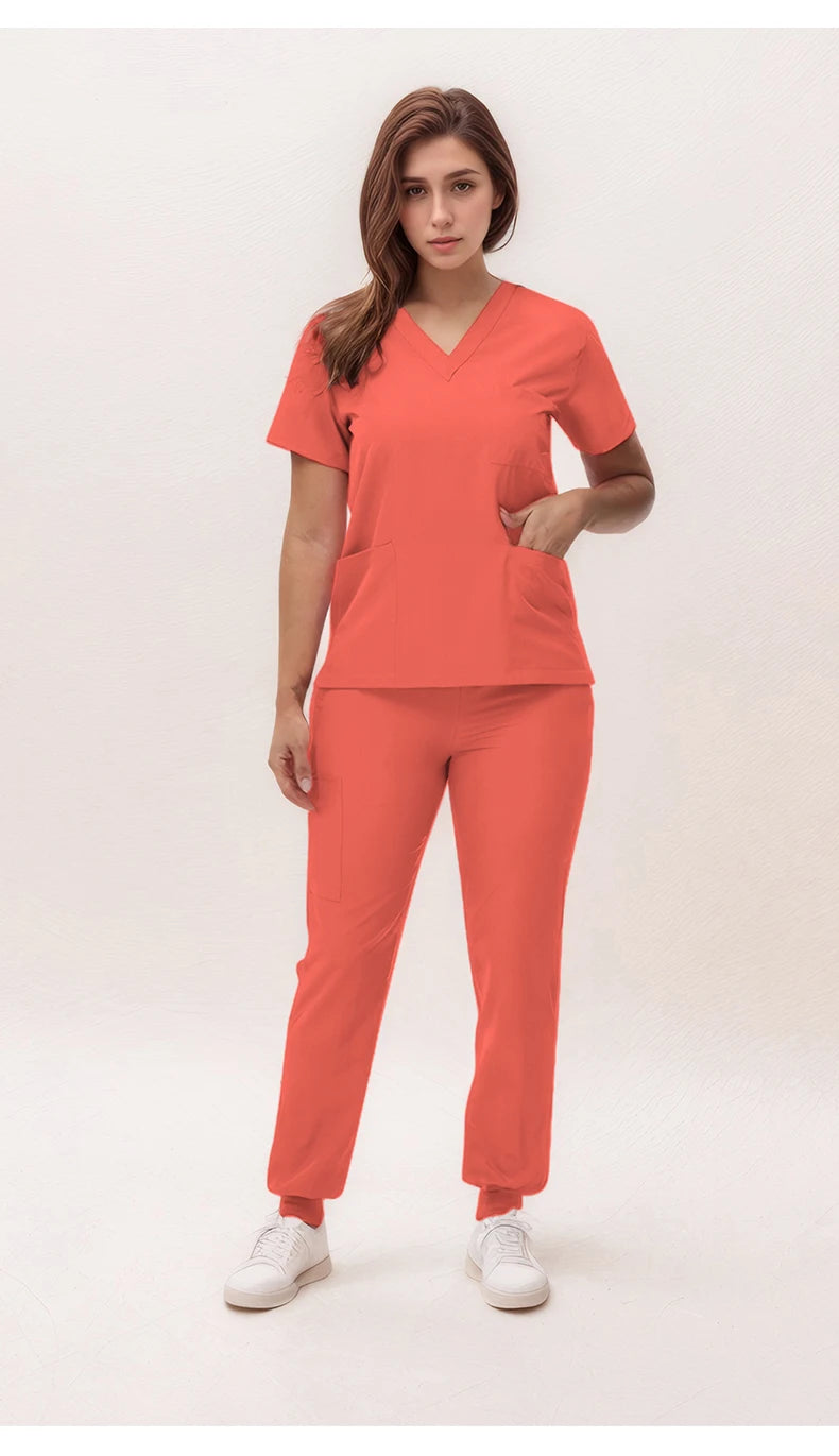 Women's 2025 New Nurse Uniforms: V-Neck Top & Jogger Pants Scrub Set - Experience Ultimate Comfort & Flexibility with 95% Polyester & 5% Spandex for Healthcare Professionals
