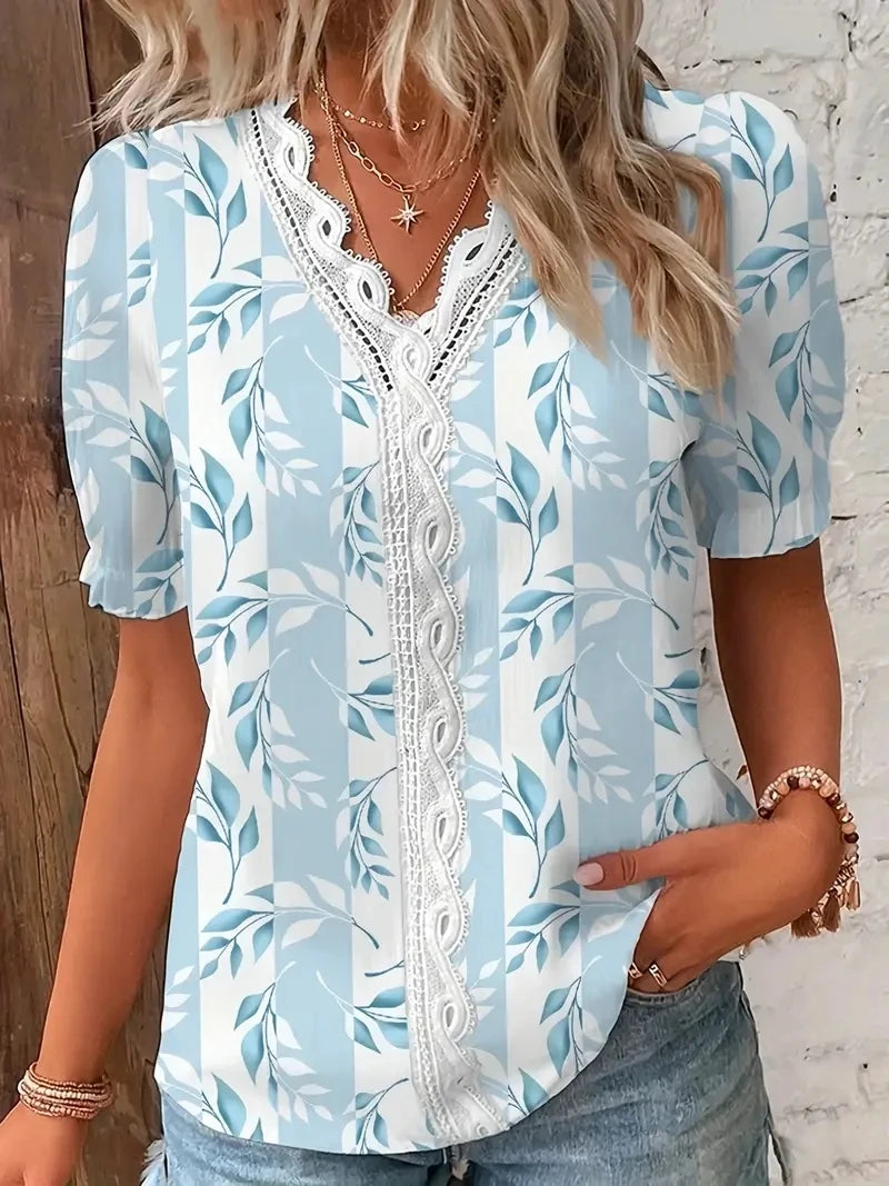 Women's Floral Lace V-Neck Blouse | Short Sleeve Summer Top