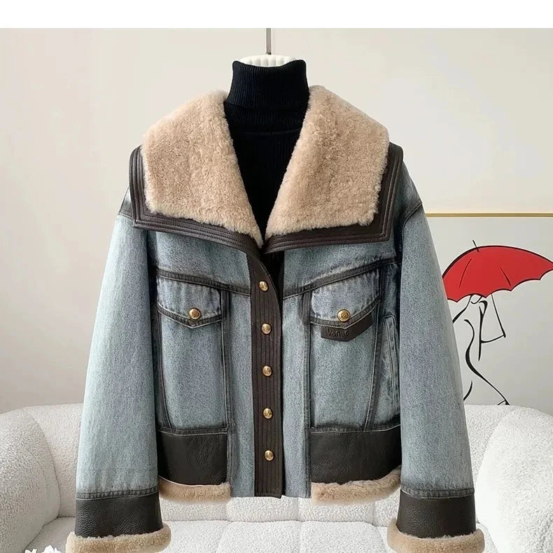Women’s Premium Denim Winter Jacket - Natural Sheep Leather, White Fur Collar & Goose Down Lining