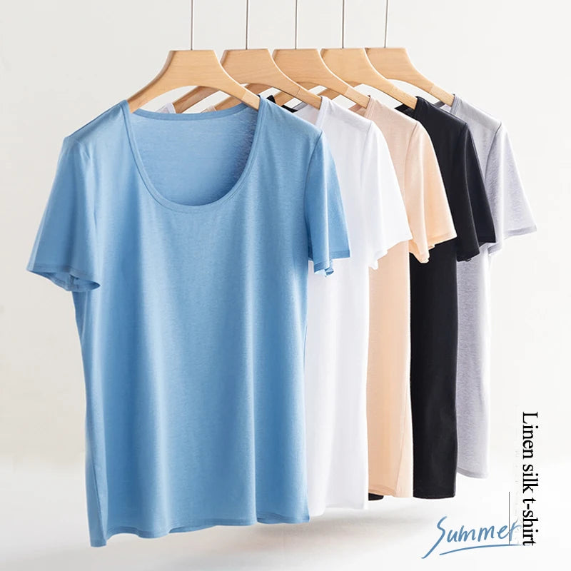 Eesswel Women's V-Neck Silk-Blend T-Shirt | Soft Breathable Summer Tee | Casual Short Sleeve Solid Top – Multiple Colors