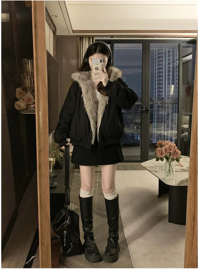 Women's Reversible Faux Fur Hooded Coat - Double Sided Polyester Autumn/Winter Jacket with Warm Padding