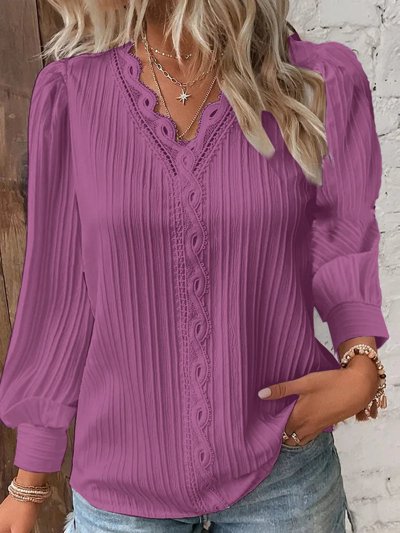 Women's Autumn Winter Pleated Blouse - V-Neck Long Sleeve Polyester Shirt