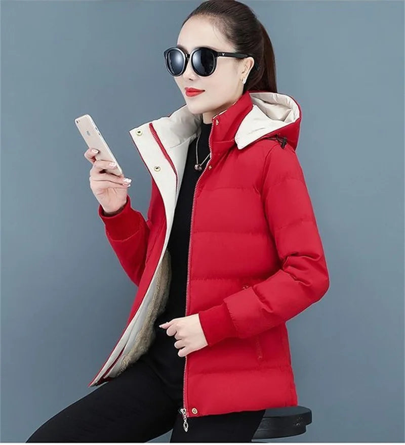 Women's Velvet Cotton Padded Winter Jacket 2025 - Detachable Hood Warm Parka Coat"