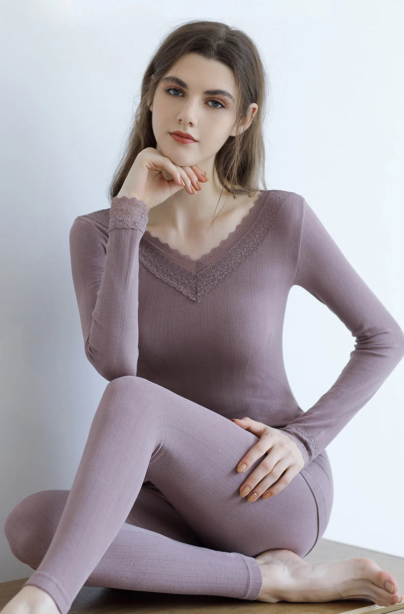 Women's Winter Lace Thermal Underwear Set: Long Sleeve V-Neck Blouse & Slim Fit Pants for Cozy Autumn Style.