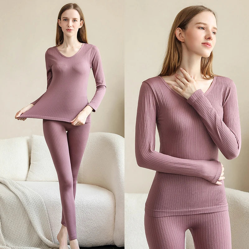 Women's Cozy Chic: Sexy Thermal Long Johns Set Featuring Shaping & Middle Collar