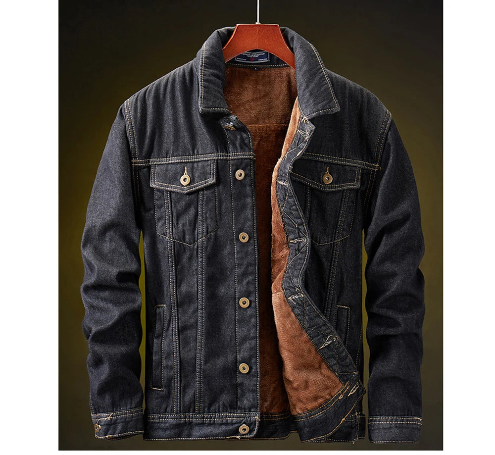 Men's Retro Denim Jacket - Warm Fleece-Lined Punk Streetwear Coat for Winter Adventures.