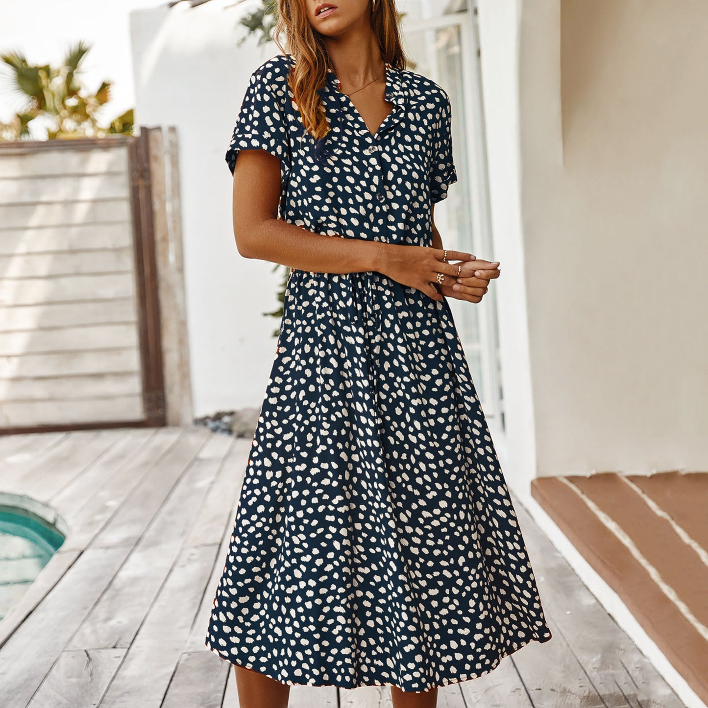 Women's Polka Dot Midi Dress – Slim Fit A-Line Casual Summer Dress with Drawstring Waist