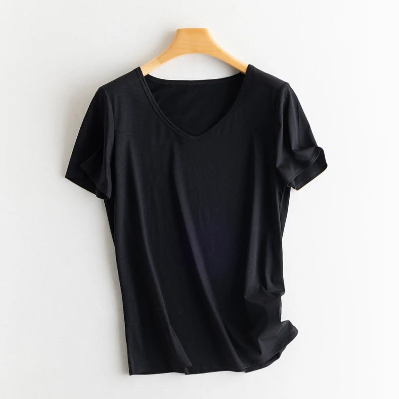 Eesswel Women's V-Neck Silk-Blend T-Shirt | Soft Breathable Summer Tee | Casual Short Sleeve Solid Top – Multiple Colors