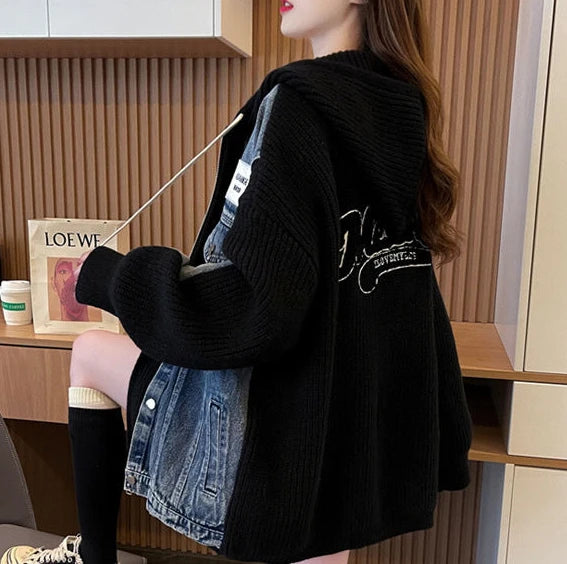 Women's Chic Black Denim Jacket-Winter 2024 Hooded Graphic Outerwear.