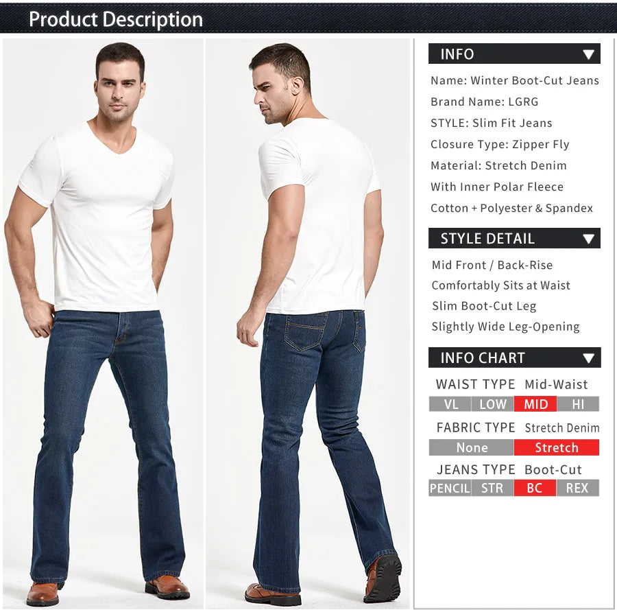 Men's Winter Stretch Fleece Jeans: Warm & Stylish Boot Cut.