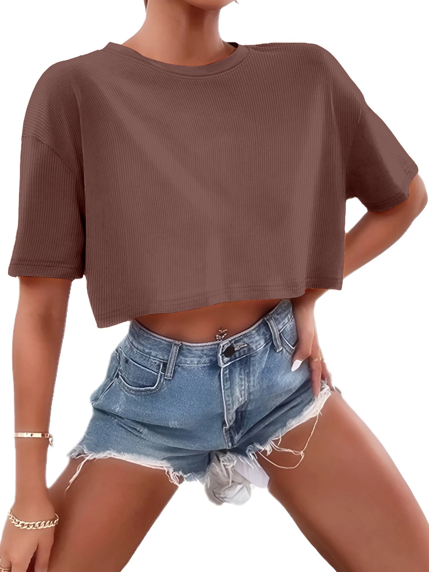 Women's Ribbed Crop Top | Short Sleeve Stretch Tee | Y2K Casual Summer Streetwear