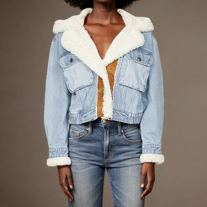 Women's Winter Denim Spliced Hooded Lamb Wool Jacket for Women-Thick Cotton Outwear with Double Pockets & Single-Breasted Closure.