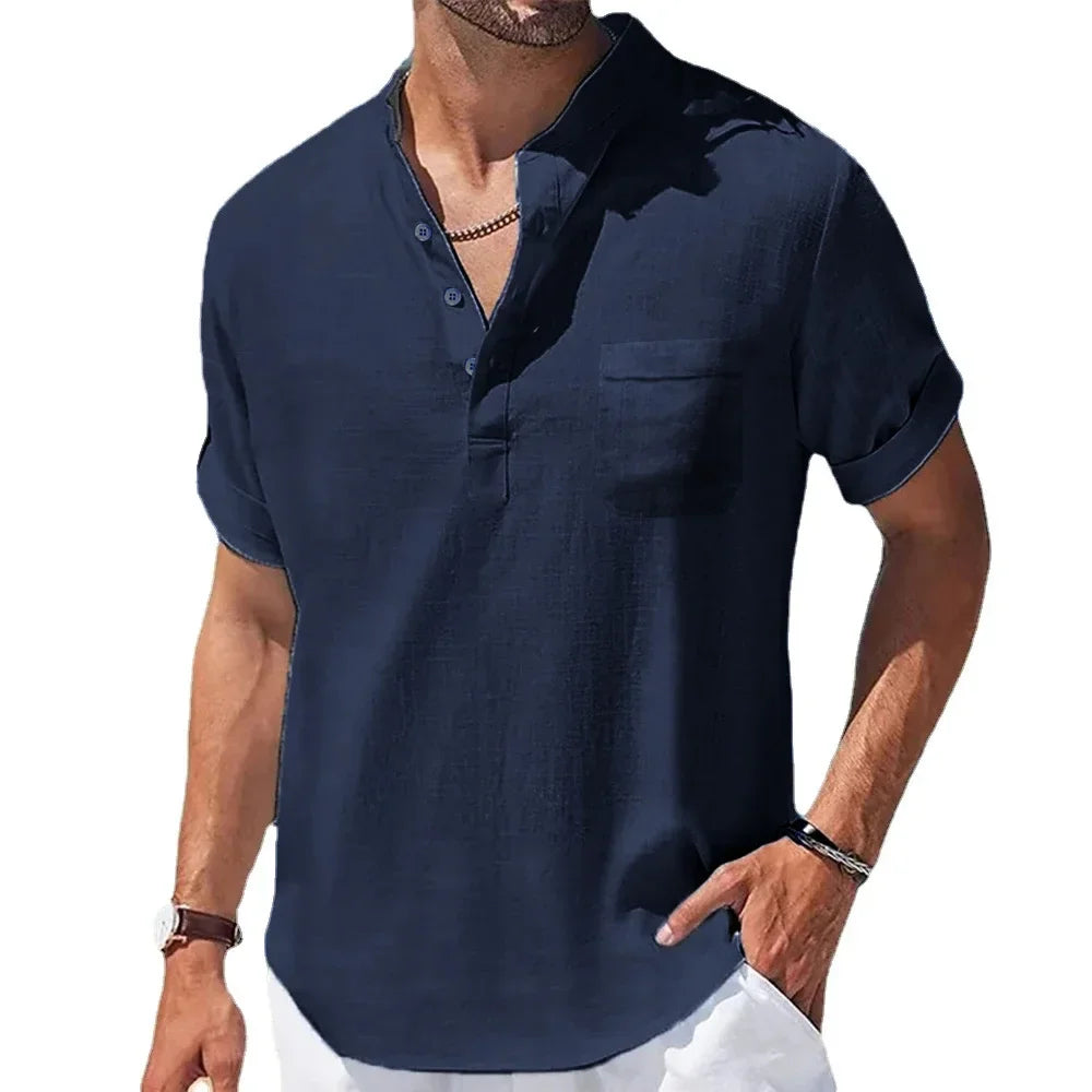 Men's Casual Henley Collar Shirt | Short Sleeve Cotton Linen Summer Top – FURCW