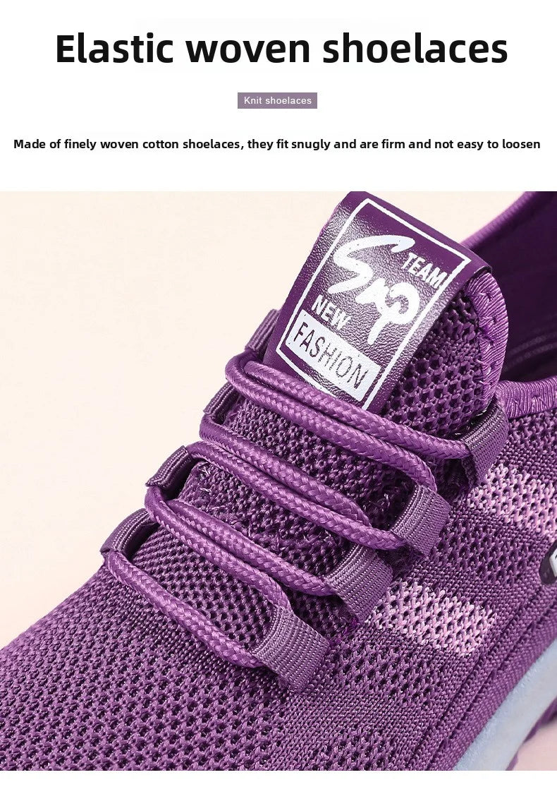 Close-up reveals a purple athletic shoe featuring elastic woven cotton shoelaces and breathable mesh construction for stylish performance.

