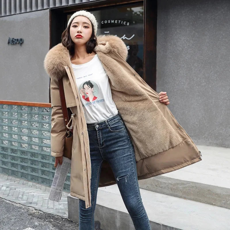 Women's Luxe Winter Parka: Thick Padded Coat with Wool Liner & Fur-Trimmed Hood-Stylish Snow Wear in Cotton-Polyester Blend.