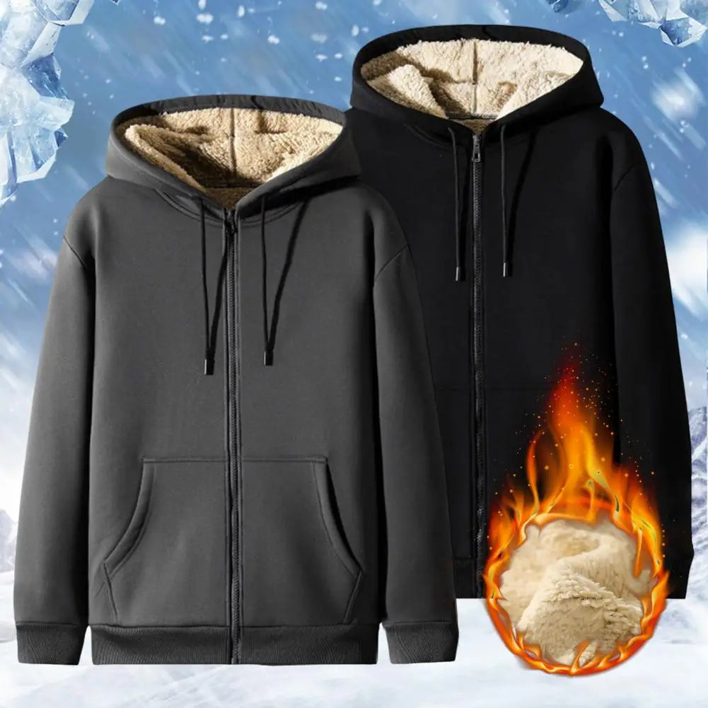 Men's Cashmere Plush Lined Sweatshirt Coat - Warm Zipper Lamb Wool Jacket with Front Pockets