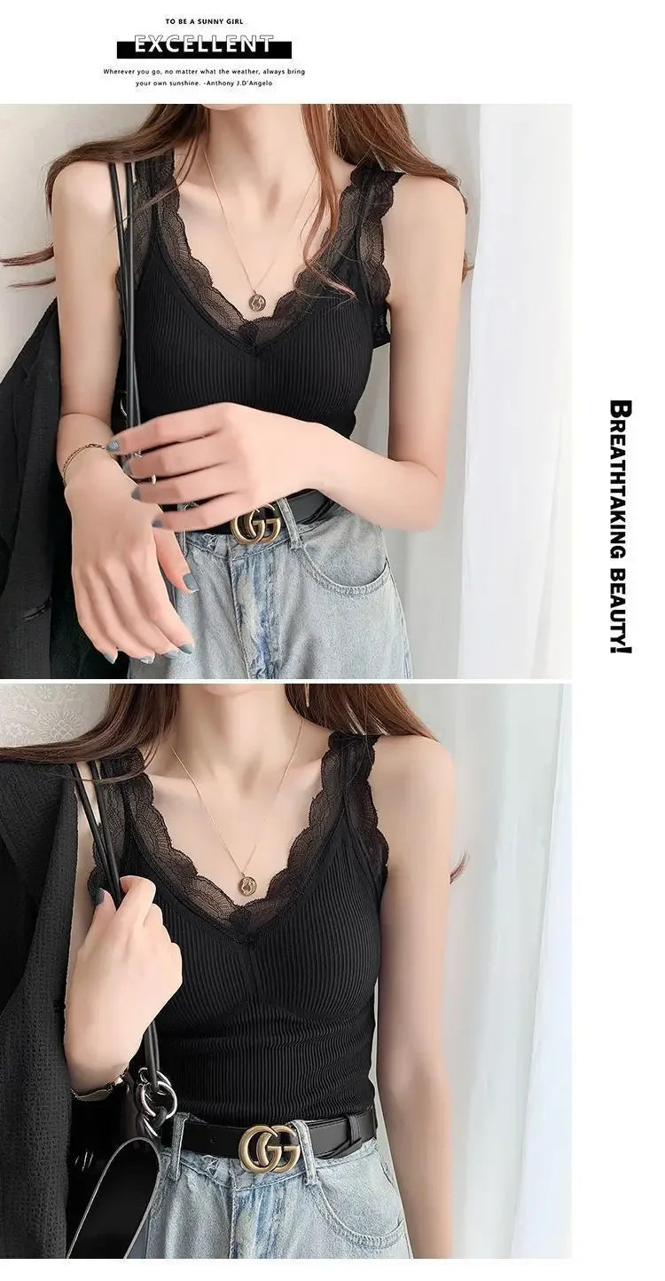 Women's Sleek & Stylish Thermal Lace Vest with Padded Bra for Winter Warmth.