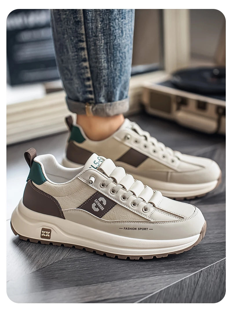 Men's Bonded Leather Lace-Up Casual Sneakers – Breathable Comfort, Non-Slip Rubber Outsole | Fashion Running Style | Black, Beige & Grey | Spring/Autumn