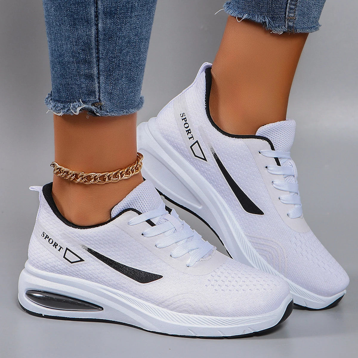 Women's Air Cushion Lace-Up Sneakers – Breathable Mesh Color-Block Running Style Shoes with Rubber Sole