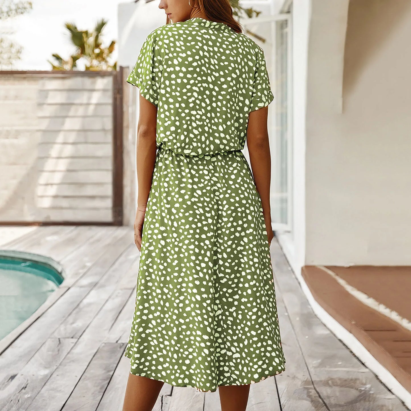 Women's Polka Dot Midi Dress – Slim Fit A-Line Casual Summer Dress with Drawstring Waist