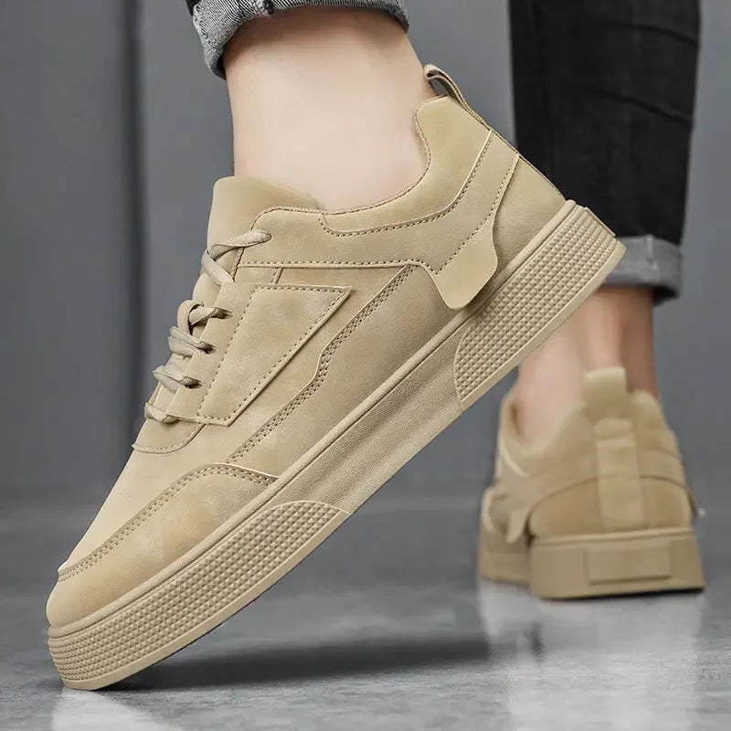 NIDENGBAO Men's Premium Leather Casual Sneakers – Breathable Lace-Up Walking Shoes | Round Toe | Grey & Beige | Spring/Autumn