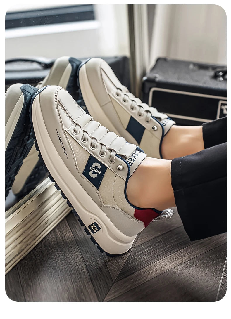 Men's Bonded Leather Lace-Up Casual Sneakers – Breathable Comfort, Non-Slip Rubber Outsole | Fashion Running Style | Black, Beige & Grey | Spring/Autumn