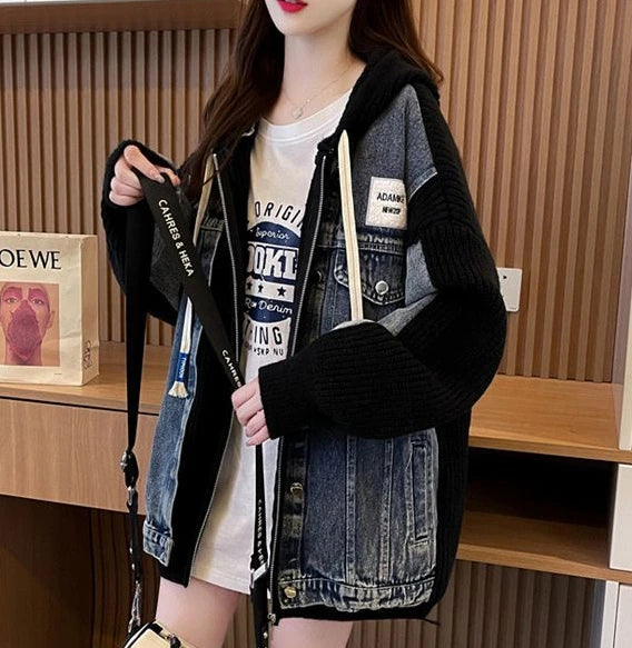 Women's Chic Black Denim Jacket-Winter 2024 Hooded Graphic Outerwear.