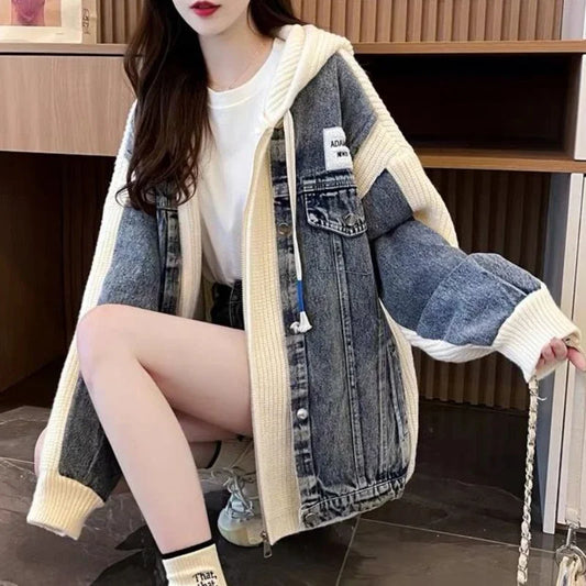 Women's Chic Black Denim Jacket-Winter 2024 Hooded Graphic Outerwear.