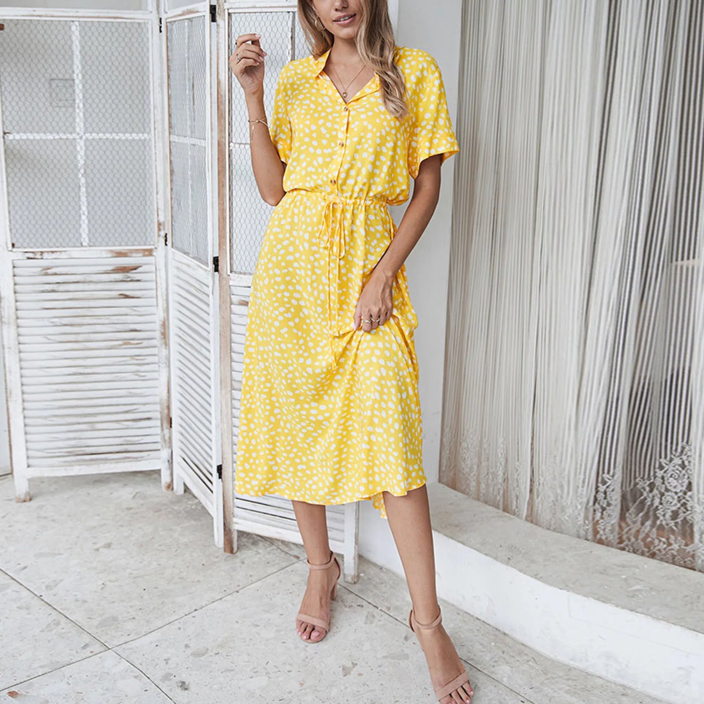Women's Polka Dot Midi Dress – Slim Fit A-Line Casual Summer Dress with Drawstring Waist