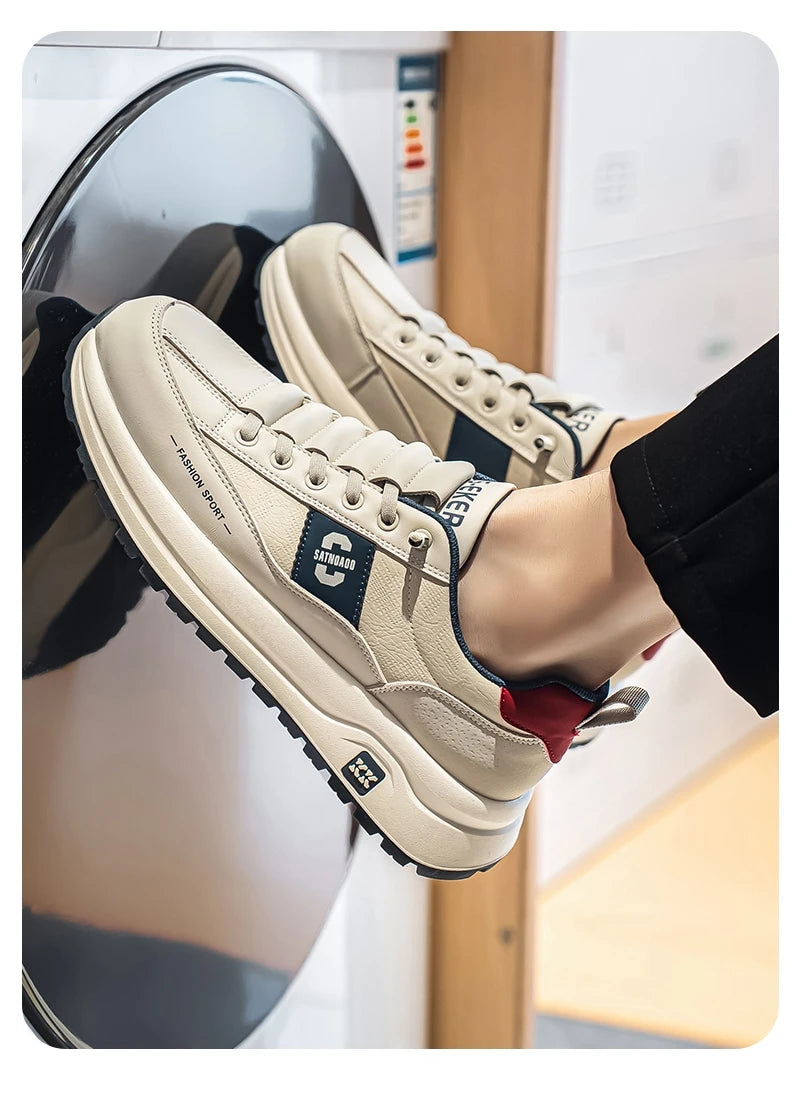 Men's Bonded Leather Lace-Up Casual Sneakers – Breathable Comfort, Non-Slip Rubber Outsole | Fashion Running Style | Black, Beige & Grey | Spring/Autumn