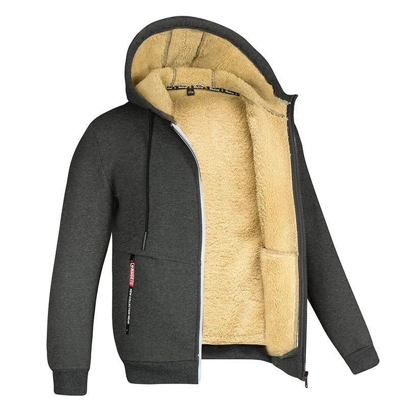 Men's Cashmere Plush Lined Sweatshirt Coat - Warm Zipper Lamb Wool Jacket with Front Pockets