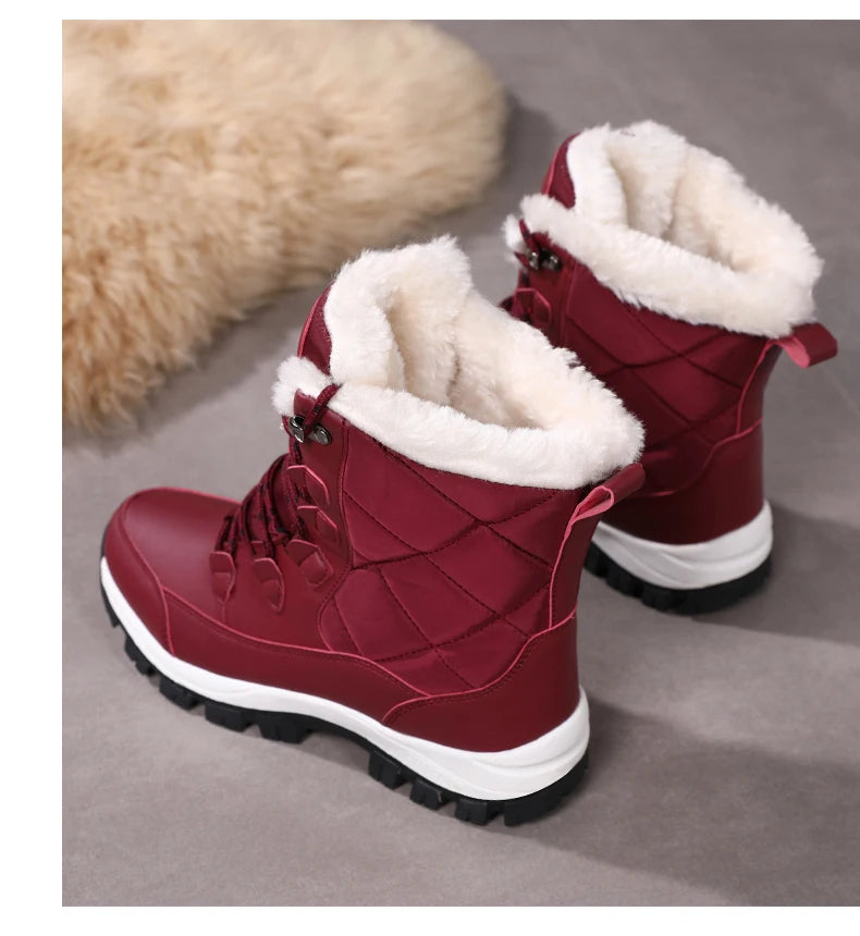 Women's Plush-Lined Waterproof Snow Boots - High-Top Winter Hiking Ankle Boots