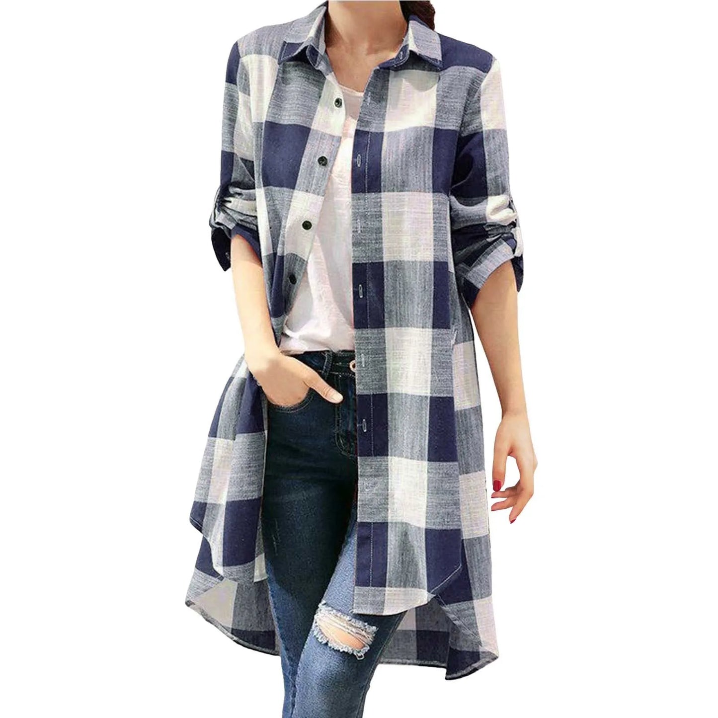 Women's Plaid Longline Shirt — Button-Down Long Sleeve Oversized Tunic Top | 3 Colors