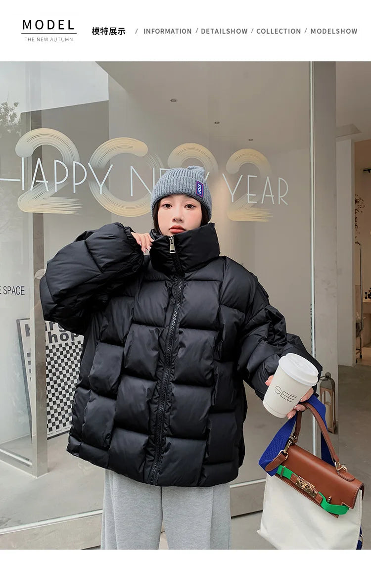Women's Oversized Puffer Jacket - Warm Cotton Filled Winter Coat with Stand Collar
