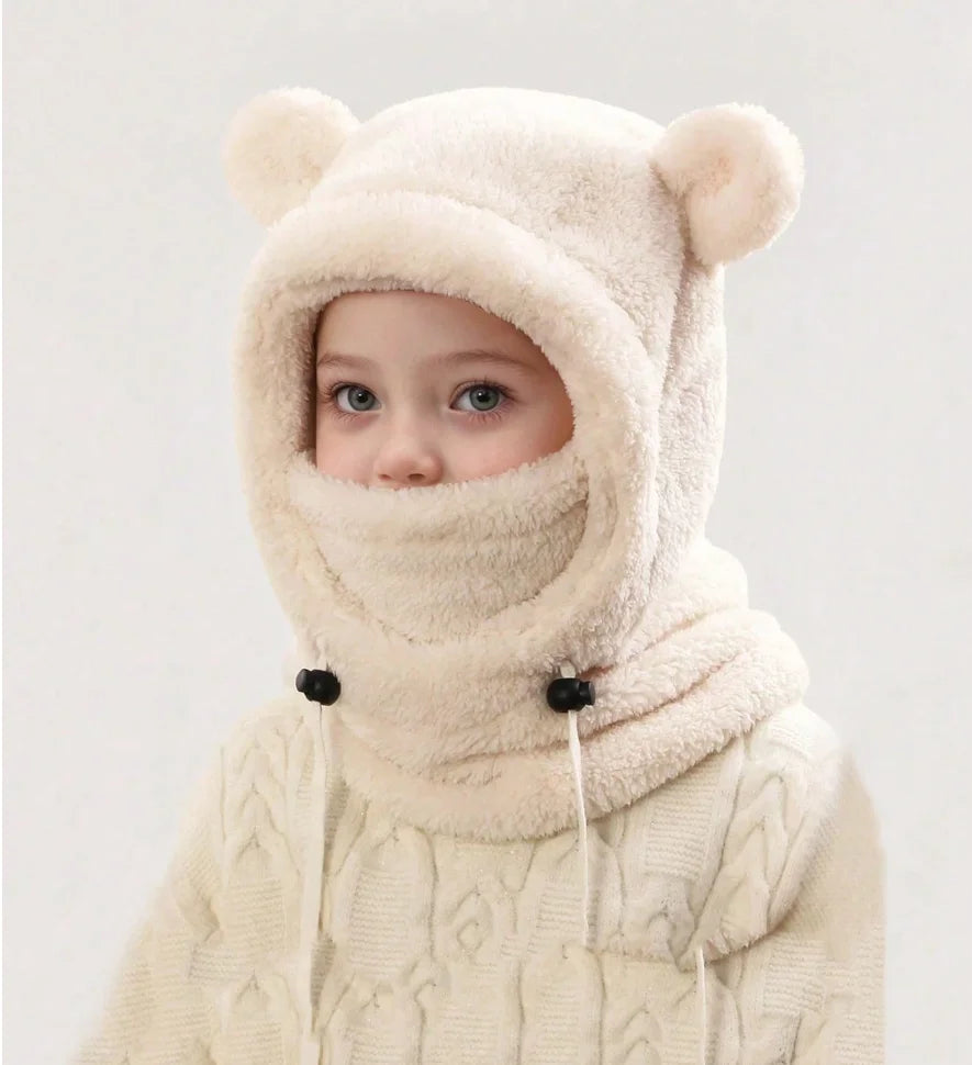 Unisex Kids Cute Bear Ear Winter Hood - All-in-One Face Cover & Scarf | Polyester Warm Balaclava Ages 2-8