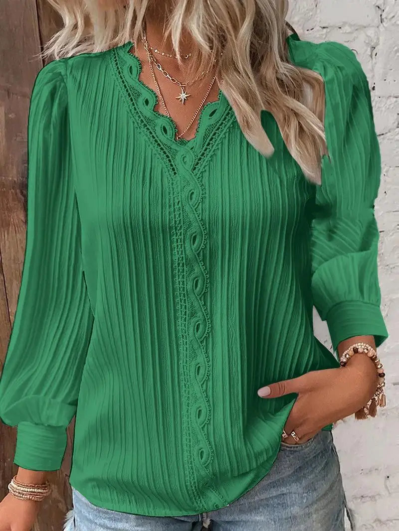 Women's LEDP Lace Detail V-Neck Blouse — Long Sleeve Textured Office Shirt | Elegant Pullover Top for Work & Casual | Autumn & Winter 2025