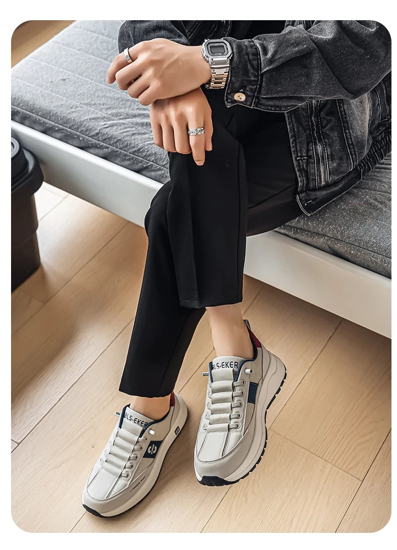 Men's Bonded Leather Lace-Up Casual Sneakers – Breathable Comfort, Non-Slip Rubber Outsole | Fashion Running Style | Black, Beige & Grey | Spring/Autumn