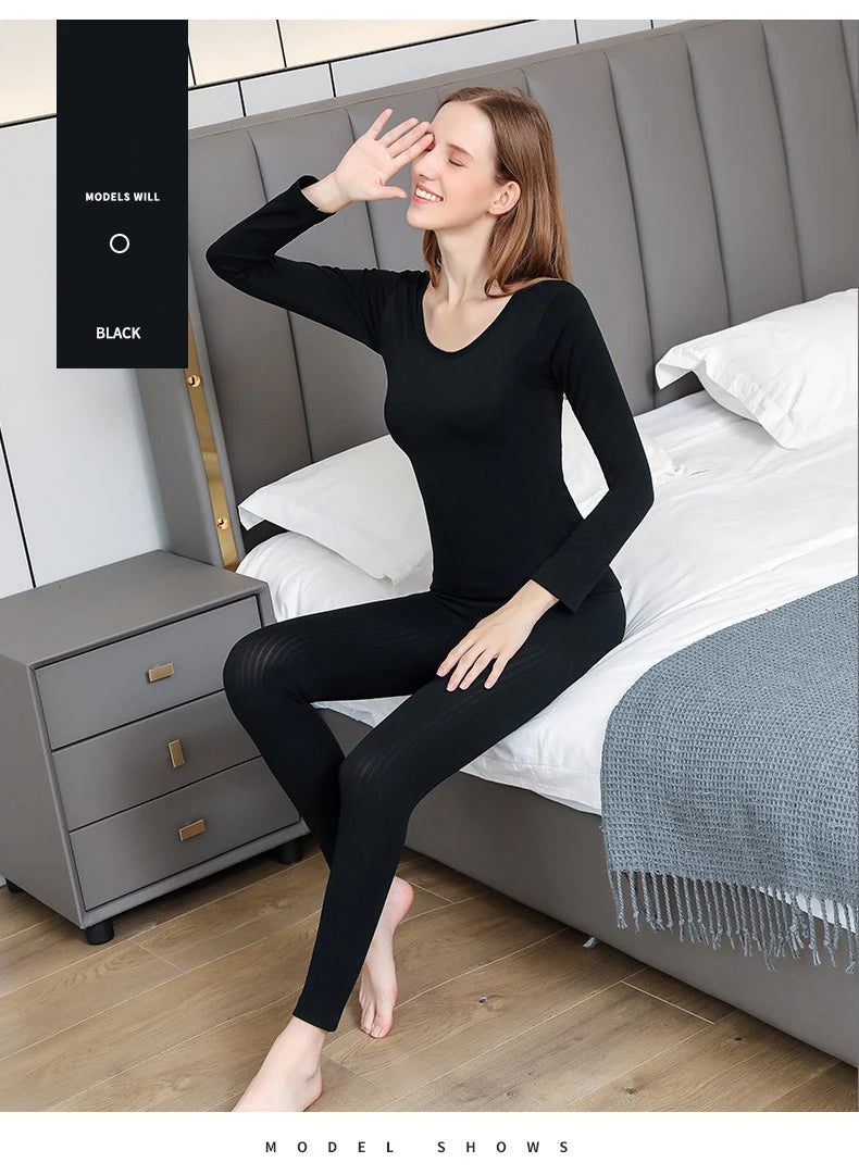 Women's Cozy Chic: Sexy Thermal Long Johns Set Featuring Shaping & Middle Collar