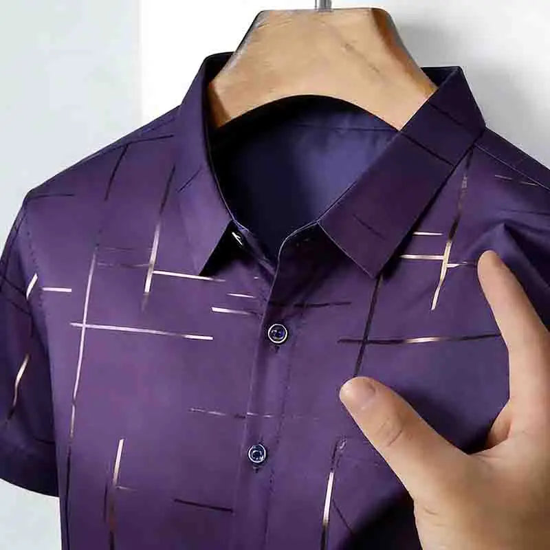 Men's 2026 Geometric Line Print Shirt Short Sleeve with Chest Pocket | 100% Cotton Button-Up Business Casual Daily Office Fashion Top.