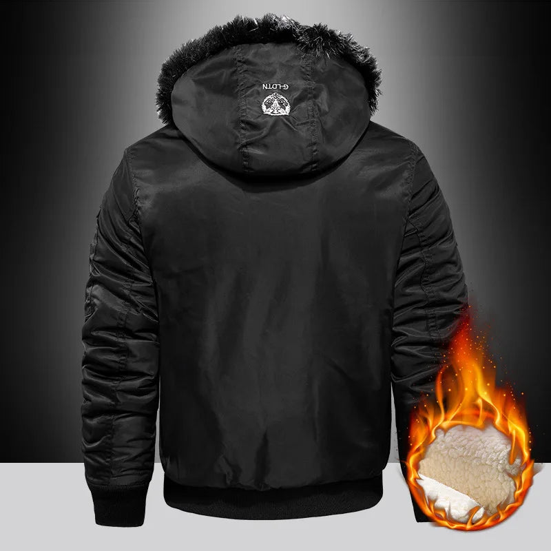 Men's Raw Edge Hooded Aviator Jacket - Winter Warmth with Embroidered Style.