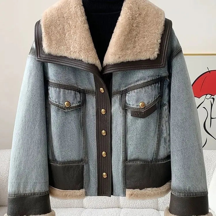 Women’s Premium Denim Winter Jacket - Natural Sheep Leather, White Fur Collar & Goose Down Lining
