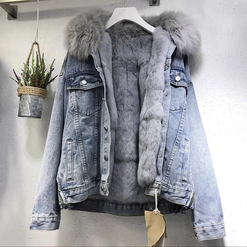 Women's Winter Denim Hooded Coat-Removable Fur Collar, Fleece Lined, Warm Cotton & Polyester Jacket.