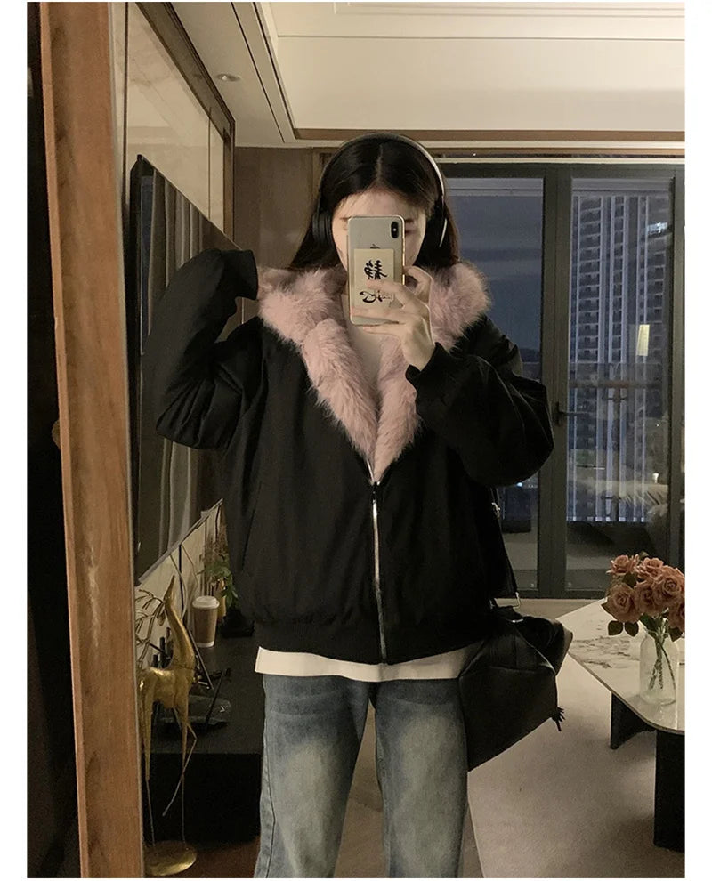Women's Reversible Faux Fur Hooded Coat - Double Sided Polyester Autumn/Winter Jacket with Warm Padding
