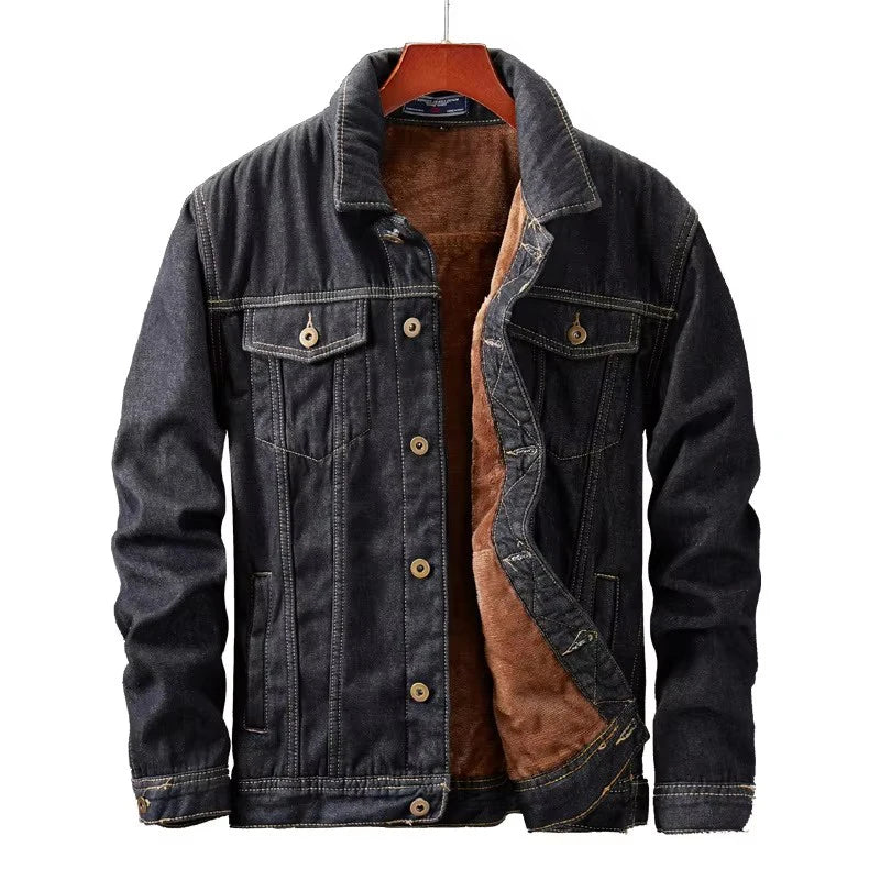 Men's Retro Denim Jacket - Warm Fleece-Lined Punk Streetwear Coat for Winter Adventures.