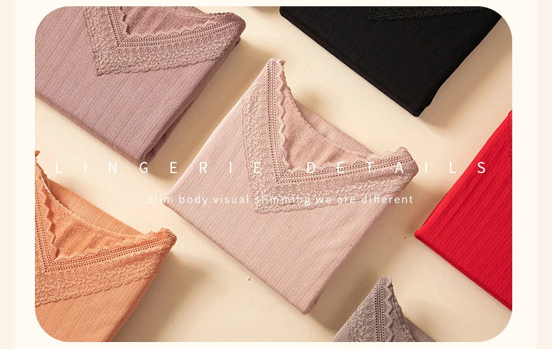 Women's Winter Lace Thermal Underwear Set: Long Sleeve V-Neck Blouse & Slim Fit Pants for Cozy Autumn Style.