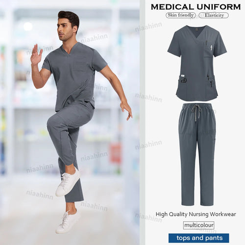 Men's Nursing Scrubs Set  Anti-Wrinkle Medical Surgical Gown Wholesale